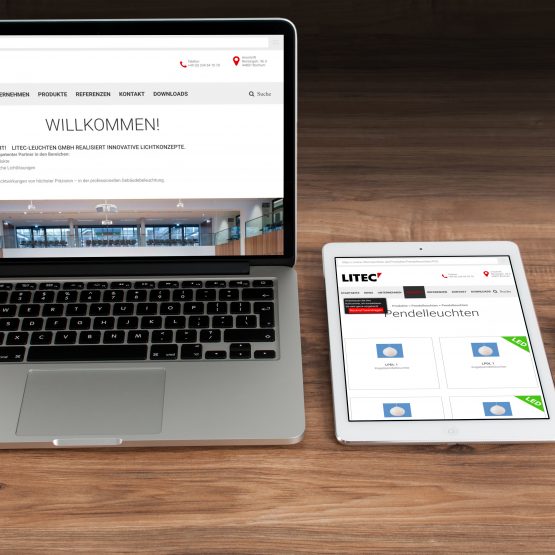 Abgebildet ist ein Screenshot der Referenz-Webseite Litec Leuchten